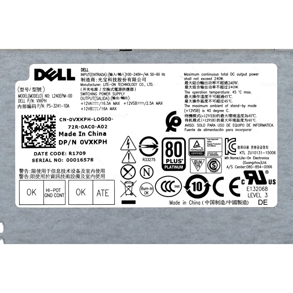 VXKPH DELL 240W FOR OPTIPLEX 3040 5040 7040 9040 PRECISION T3420 INSPIRON 3650