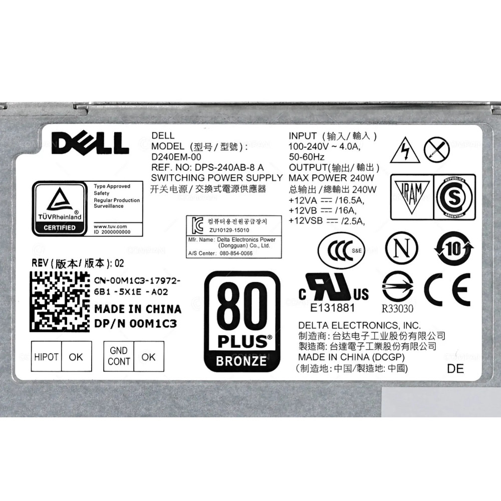0M1C3  DELL 240W PSU 80 + BRONZE WITH 4 PIN AND 8 PIN CONNECTOR FOR OPTIPLEX