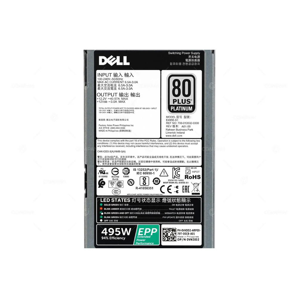 VKDD2 DELL 495W 80 PLUS PLATINUM POWER SUPPLY FOR DELL POWEREDGE R630 R730 G13