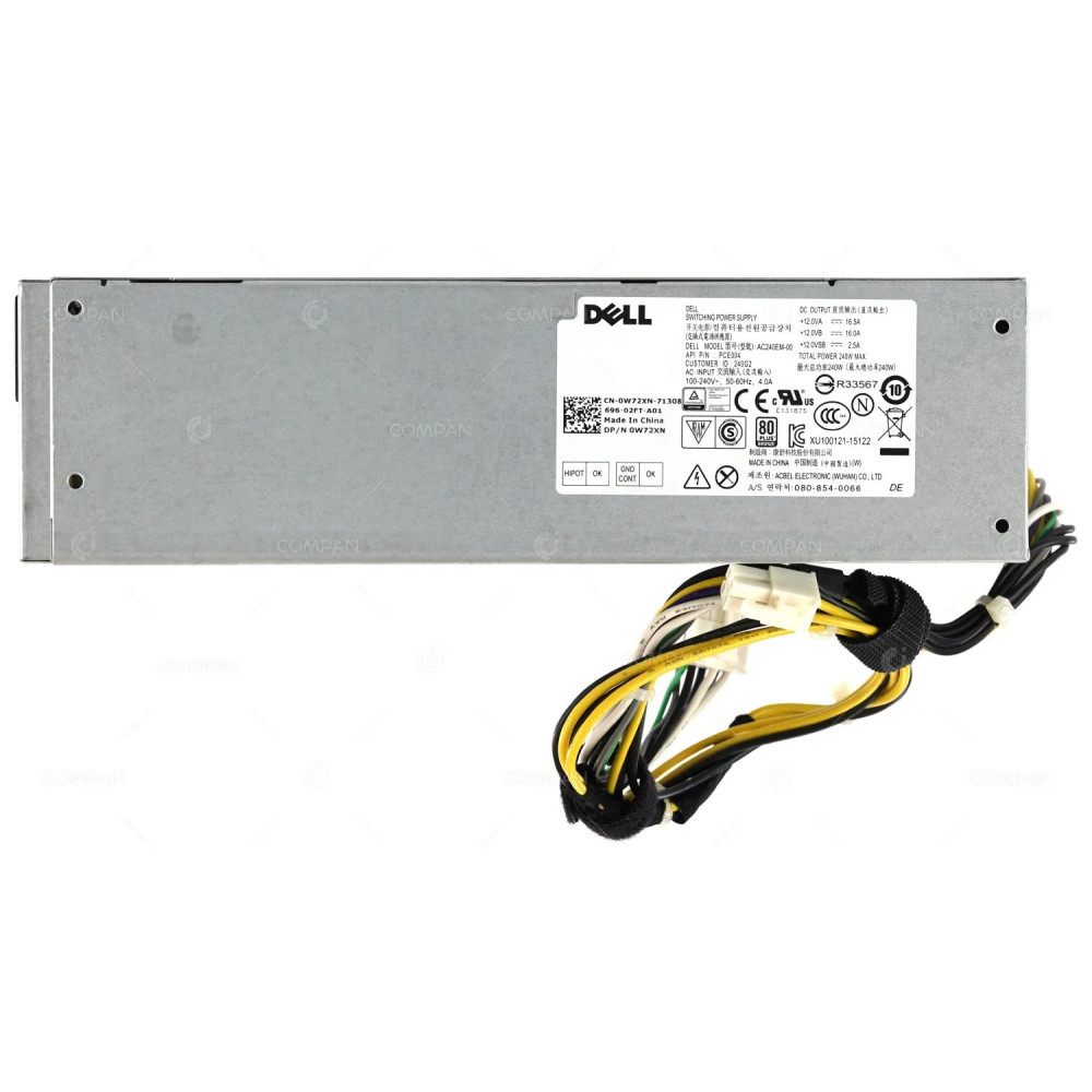 W72XN DELL 240W POWER SUPPLY 80 PLUS BRONZE WITH 4 PIN CONNECTOR AND 8 PIN CONNECTOR FOR OPTIPLEX 3020 3050 5040 7010 7040 7050 9010 0W72XN, AC240EM-00, PCE004