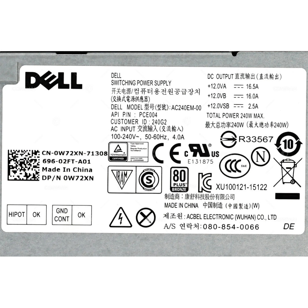 W72XN DELL 240W POWER SUPPLY 80 PLUS BRONZE WITH 4 PIN CONNECTOR AND 8 PIN CONNECTOR FOR OPTIPLEX 3020 3050 5040 7010 7040 7050 9010 0W72XN, AC240EM-00, PCE004