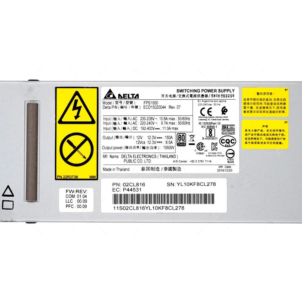 02CL816 IBM POWER SUPPLY 1950W 200V-240V AC FOR E980 PSERIES POWER 9 -