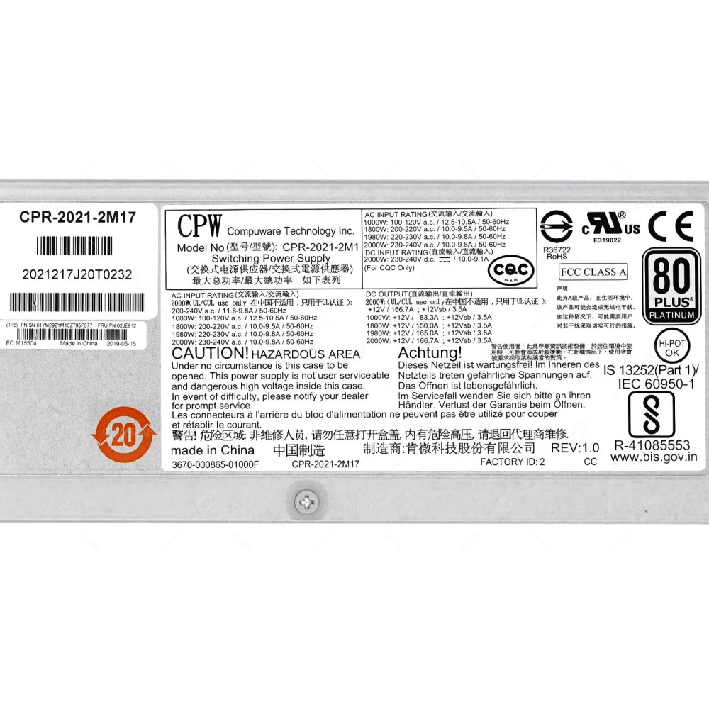 02JE812 IBM 2000W POWER SUPPLY FOR STORWIZE V5100 01YM292, CPR-2021-2M17