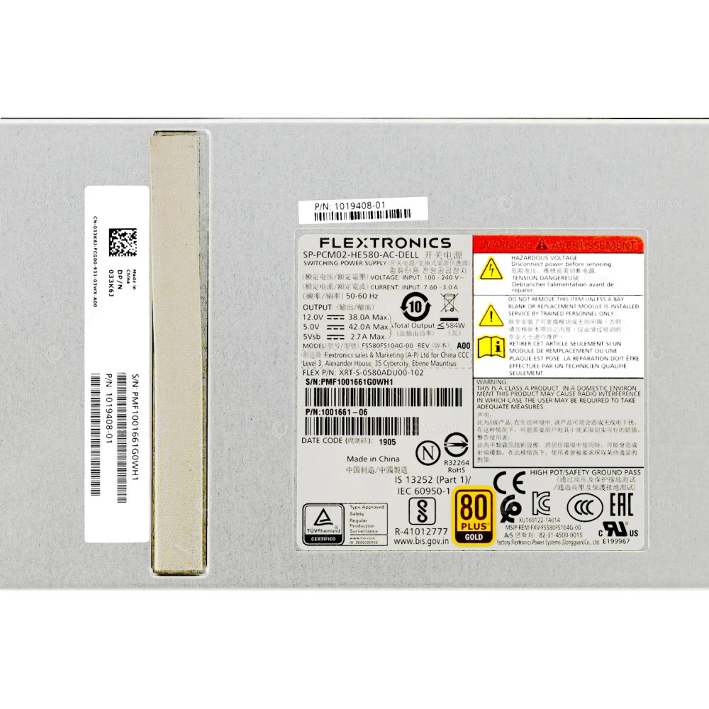 1019408-01 DELL FLEXTRONICS 580W POWER SUPPLY FOR SC4020 1001661-06, SP-PCM02-HE580-AD, 33K6J