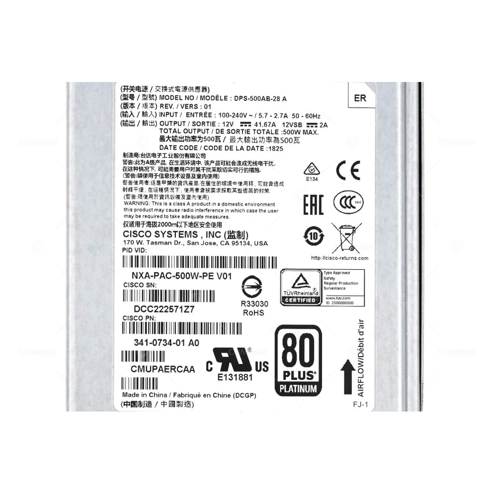 341-0734-01 CISCO 500W  POWER SUPPLY FOR  NEXUS 9300-EX SERIES NXA-PAC-500W-PE, CMUPAERCAA, DPS-500AB-28