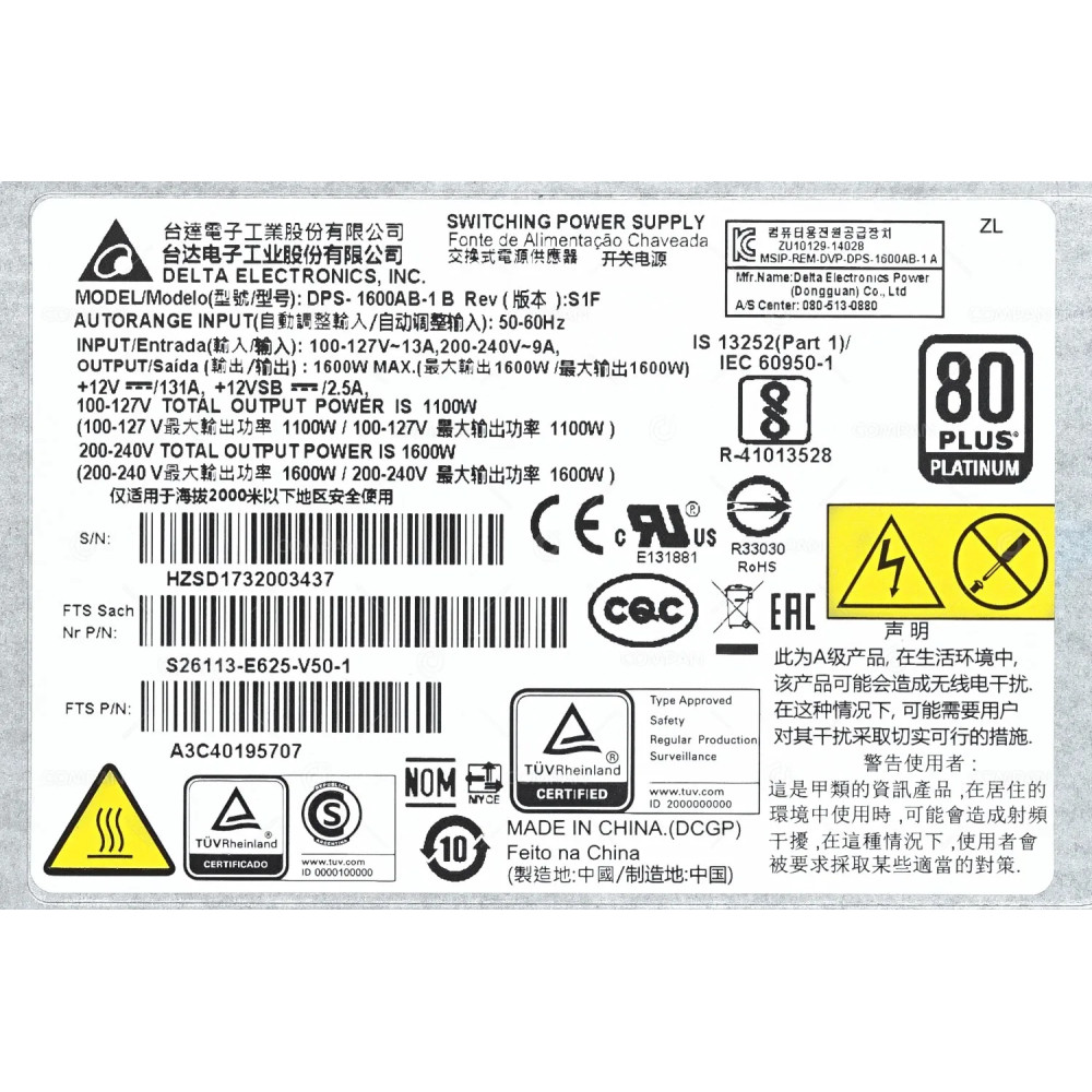 A3C40195707 FUJITSU POWER SUPPLY 1600W 80 PLUS PLATINUM FOR RX4770 M4 M5 S26113-E625-V50-1, DPS-1600AB-1