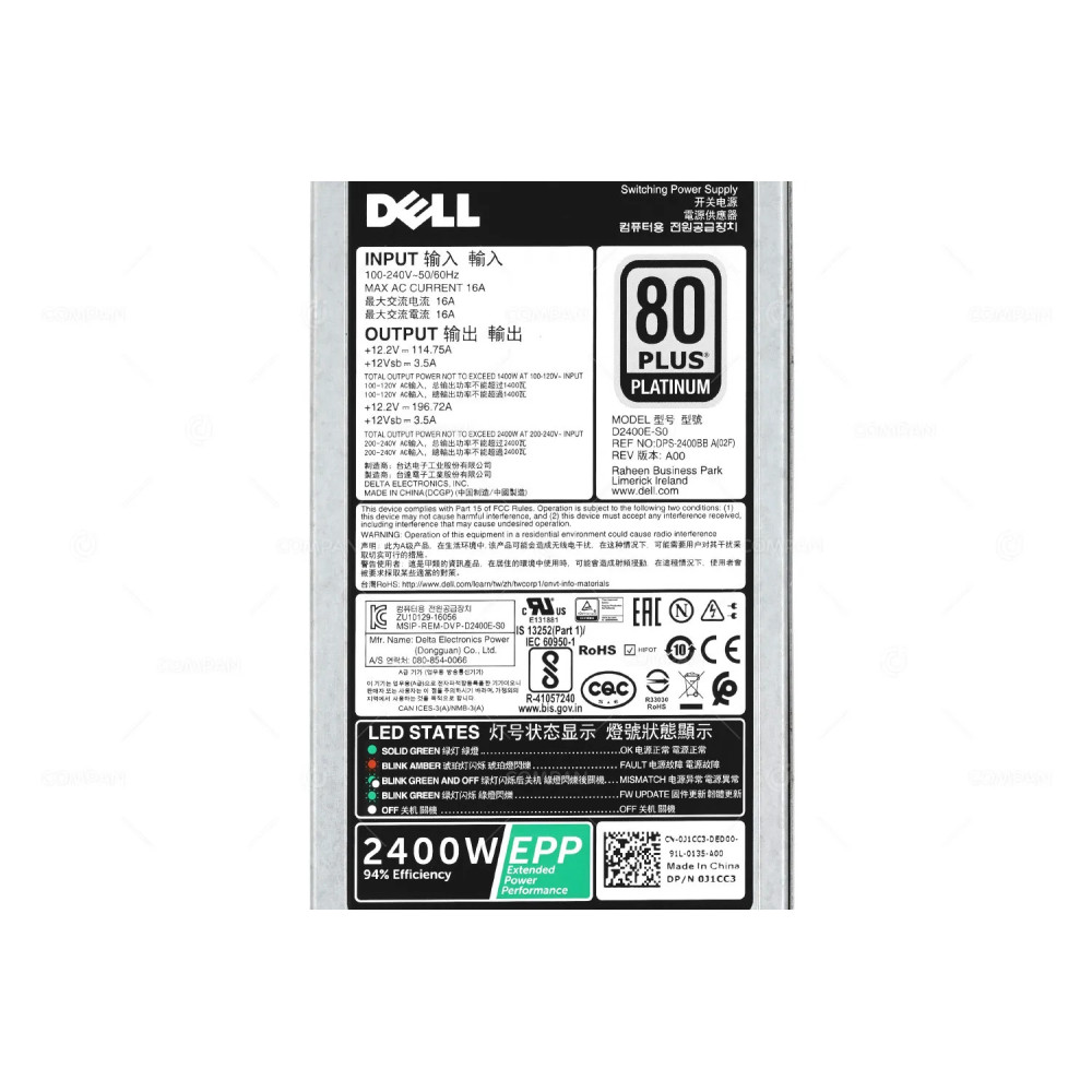 J1CC3 DELL POWER SUPPLY 2400W 80 PLUS PLATINUM FOR R940 G14 0J1CC3, D2400E-S0, DPS-2400BB
