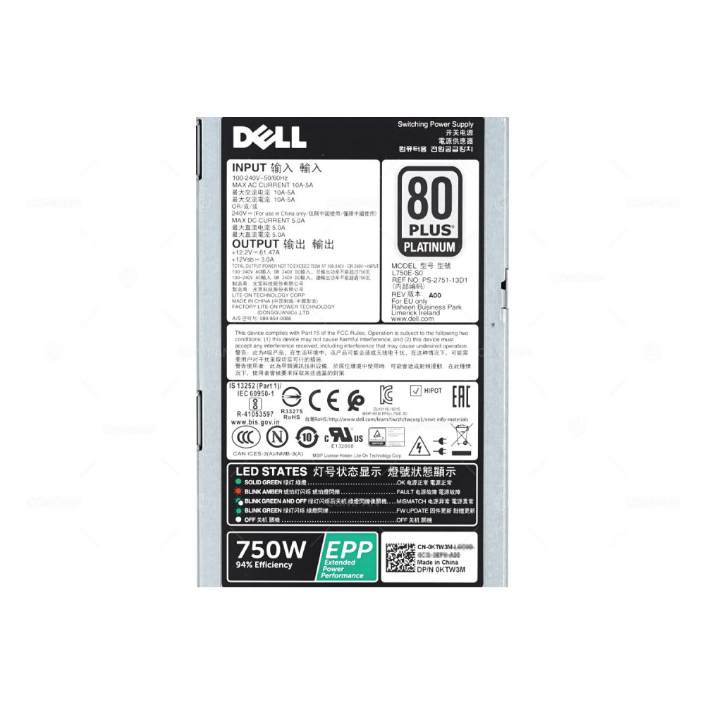 KTW3M DELL 750W EPP 80 PLUS PLATINUM PSU FOR R530 R630 R730 R730XD R930 T430 T630 R530 R640 R740 R740XD R940 T440 T640 0KTW3M, PS-2751-13D1
