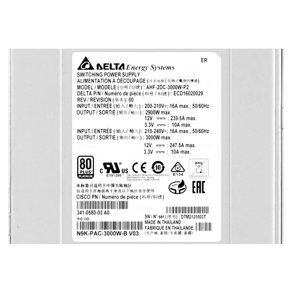 N9K-PAC-3000W-B CISCO 3000W POWER SUPPLY FOR N9K-C9508 341-0580-03, AHF-2DC-3000W-P2