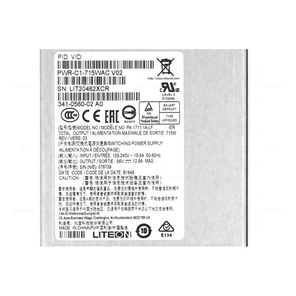 PWR-C1-715WAC-P CISCO POWER SUPPLY 715W 80 PLUS PLATINUM FOR CATALYST 9300L 3850 341-0560-02