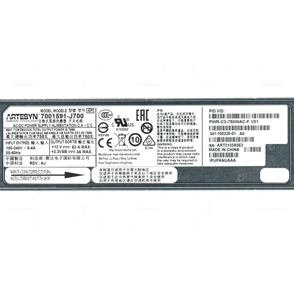 PWR-C3-750WAC-F CISCO POWER SUPPLY 750W FOR CATALYST 3850 REAR TO FRONT AIRFLOW 341-100225-01