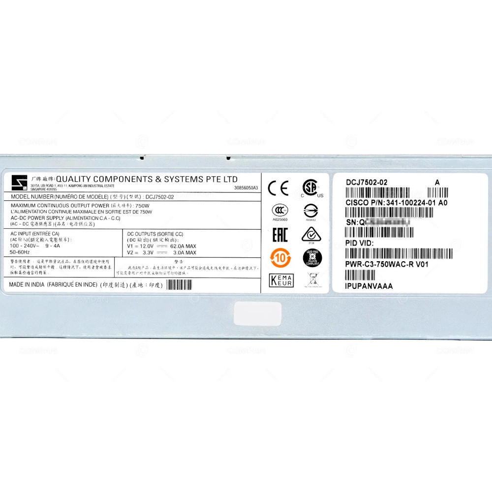 PWR-C3-750WAC-R CISCO POWER SUPPLY 750W FOR CATALYST 3850 FRONT TO BACK AIRFLOW 341-100224-01