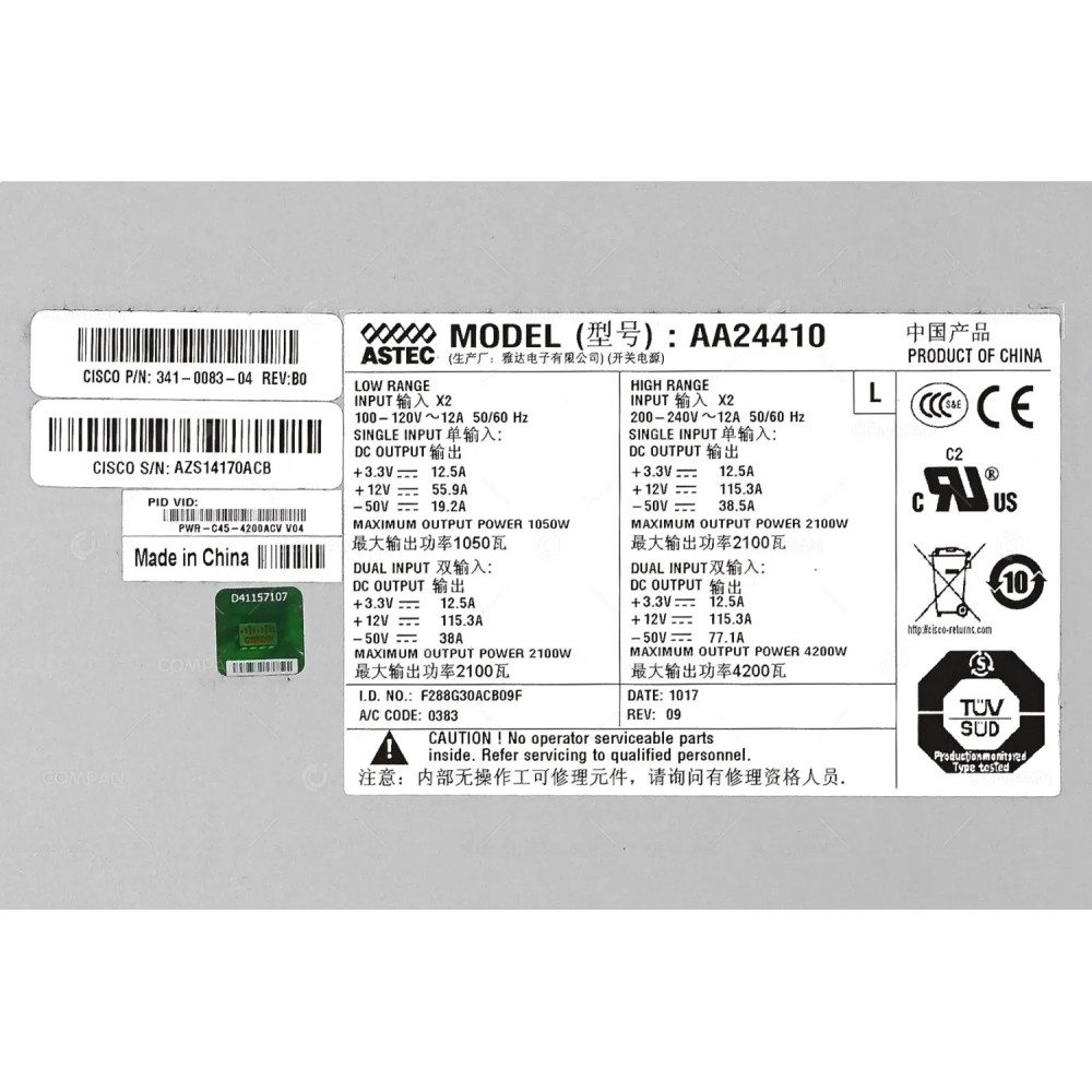 PWR-C45-4200ACV CISCO POWER SUPPLY 4200W AC DUAL INPUT FOR 4507R+E 341-0083-05