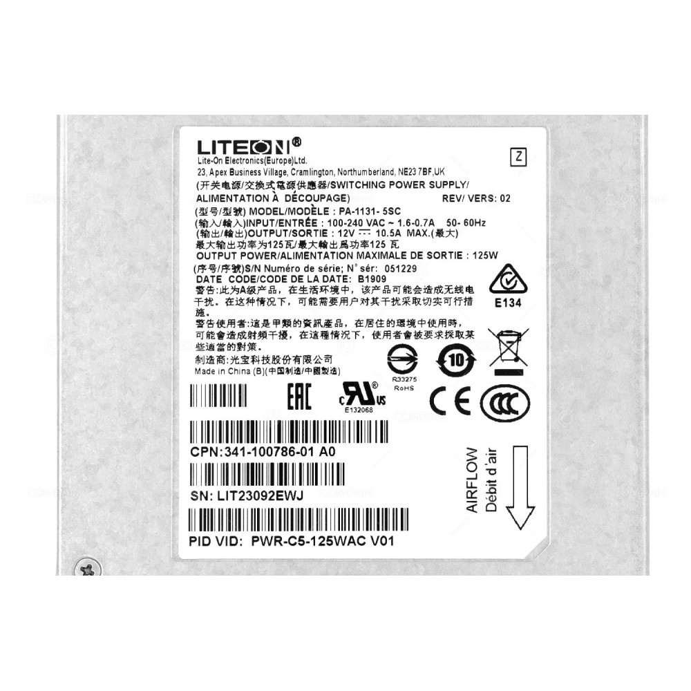 PWR-C5-125WAC CISCO 125W AC POWER SUPPLY FOR CISCO C9200 SERIES 341-100786-01, PWR-C5-125WAC V01
