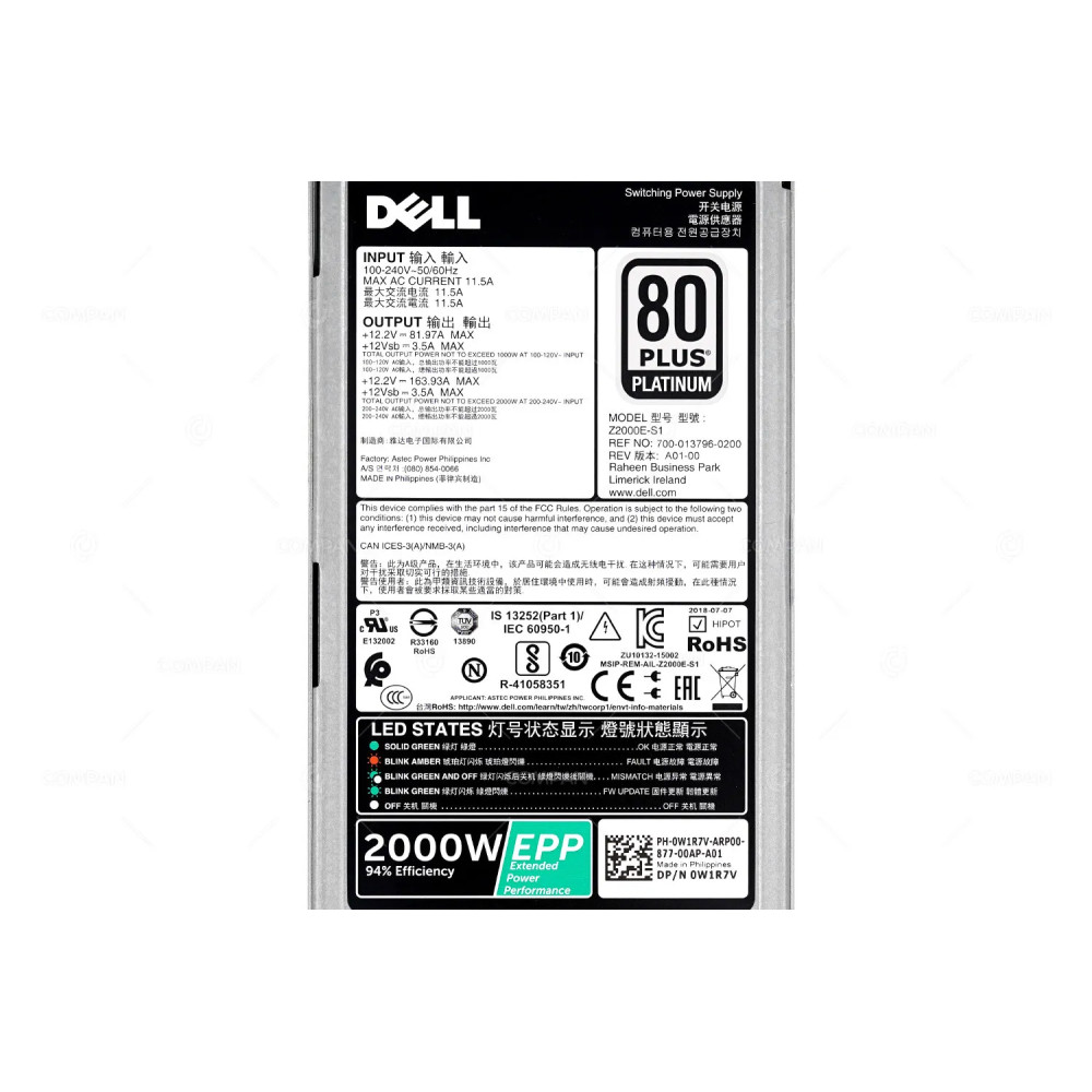 W1R7V DELL 2000W 80 PLUS PLATINUM POWER SUPPLY Z2000E-S1, 700-013796-0200