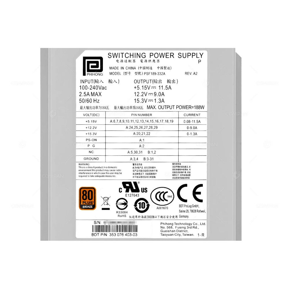 353 076 403-03  FUJITSU 188W AC POWER SUPPLY FOR FUJITSU ETERNUS LT40 S2 LIBRARY