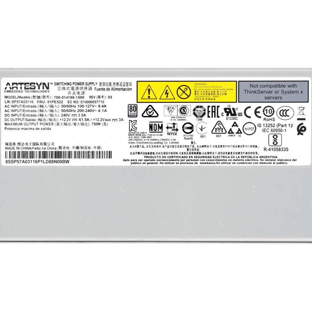 01PE522  LENOVO THINKSYSTEM 750W HOT-SWAP SWITCHING POWER SUPPLY