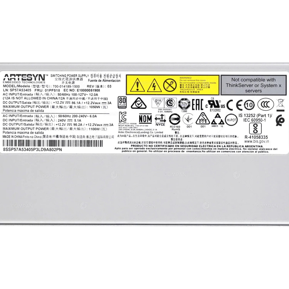 01PF518  IBM 1100W PLATINUM AC POWER SUPPLY FOR THINKSYSTEM