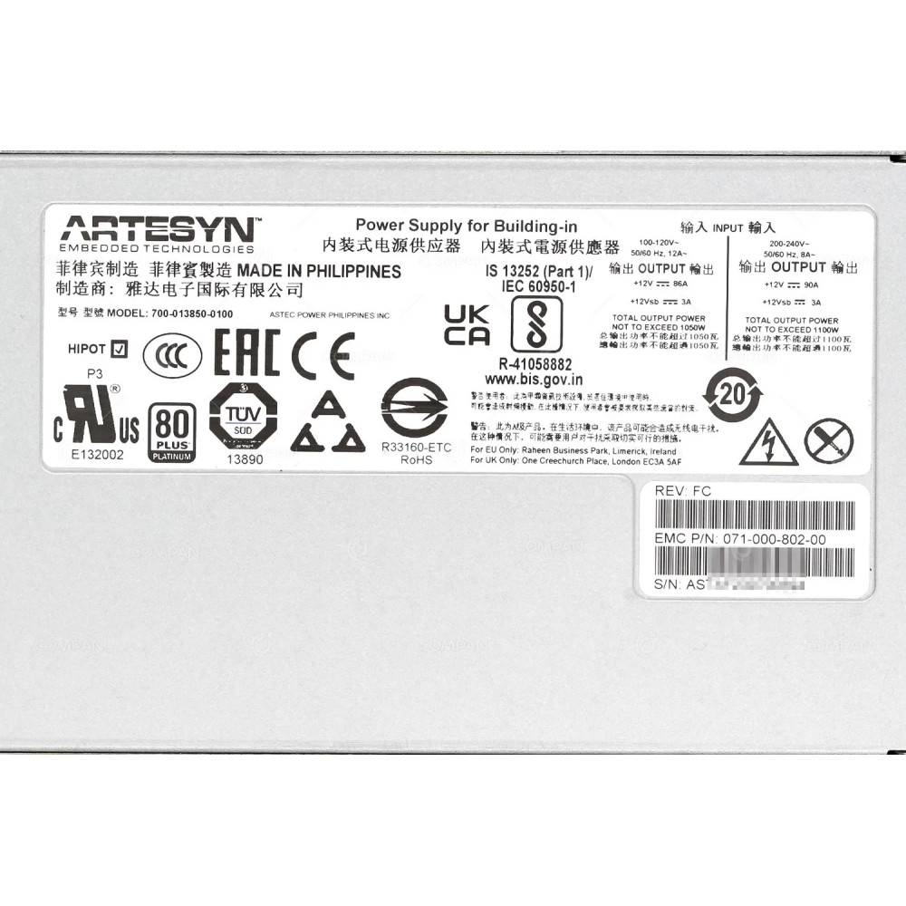 071-000-802-00  EMC POWER SUPPLY 1100W AC DC FOR ISILON A2000