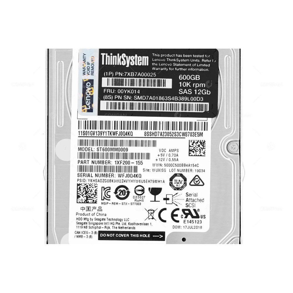 00YK014 LENOVO THINKSYSTEM 600GB 10K 12G SAS 2.5 SFF HARD DRIVE 1P7XB7A00025, 1XF200-155, ST600MM0009