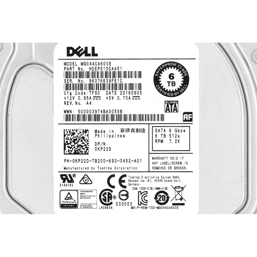 KP22D  DELL HARD DRIVE 6TB 6G 7.2K 3.5 LFF SATA G11 G12 G13