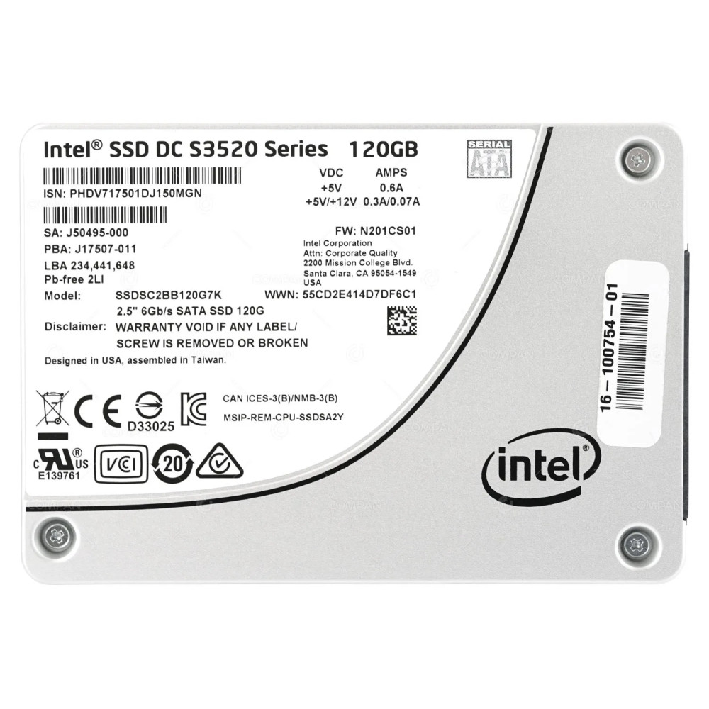 16-100754-01 CISCO SOLID STATE DRIVE 120GB 6G SATA DC S3520 SERIES 2.5 SFF SSD HX240C UCS C240 M4 SSDSC2BB120G6K, SSDSC2BB120G7K