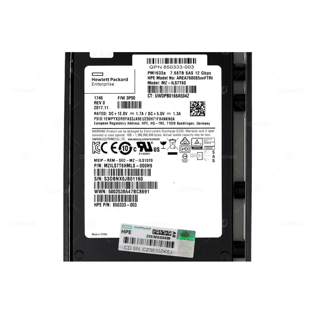 869337-001 HP PM1633A 7.68TB SAS 12GBPS RI READ INTENSIVE ACN2 2.5 SFF FLASH SSD FOR STORESERV 8200 850333-003,MZ-ILS7T60, PM1633A