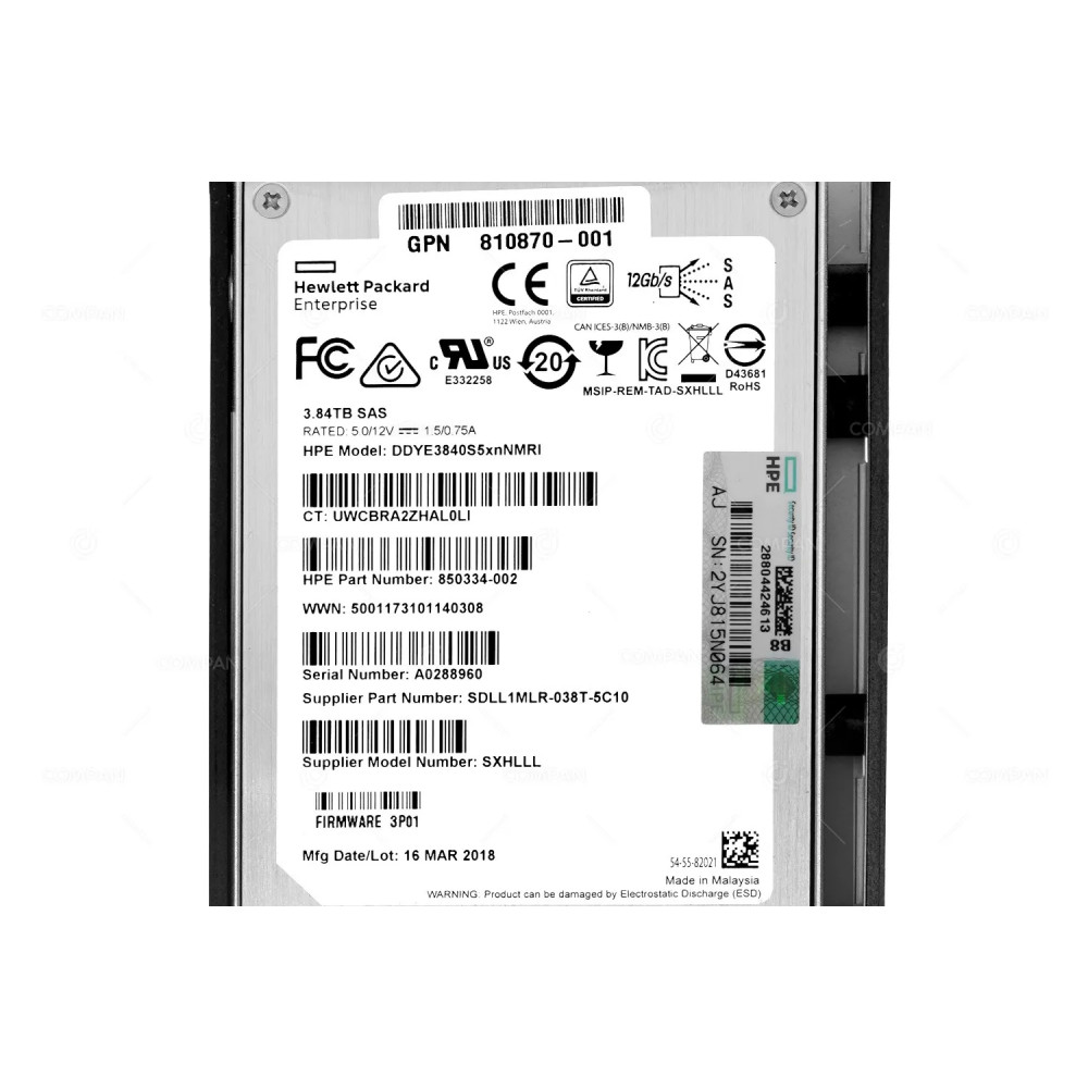873101-001 HP 3.84TB 12G SAS SSD 2.5 SFF FOR 3PAR STORESERV 8440 810870-001, 850334-002, SXHLLL