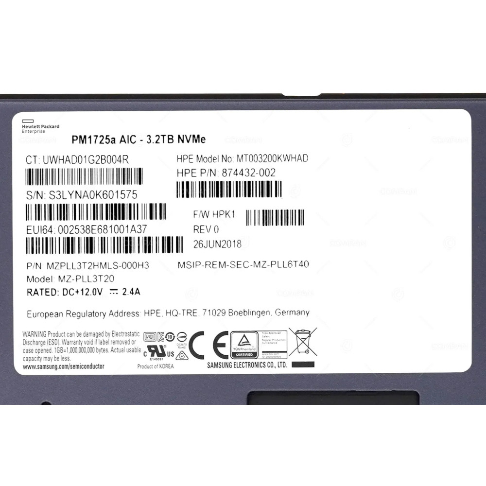 874432-002 LP HPE NVME 3.2TB / PCIE 3.0 X8 / MU / DS / HHHL / LOW PROFILE