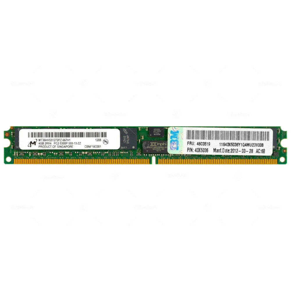 46C0519 IBM MEMORY 4GB 2RX4 PC2 5300P ECC RDIMM DDR2 43X5036, MT36HVS51272PZ-667H1