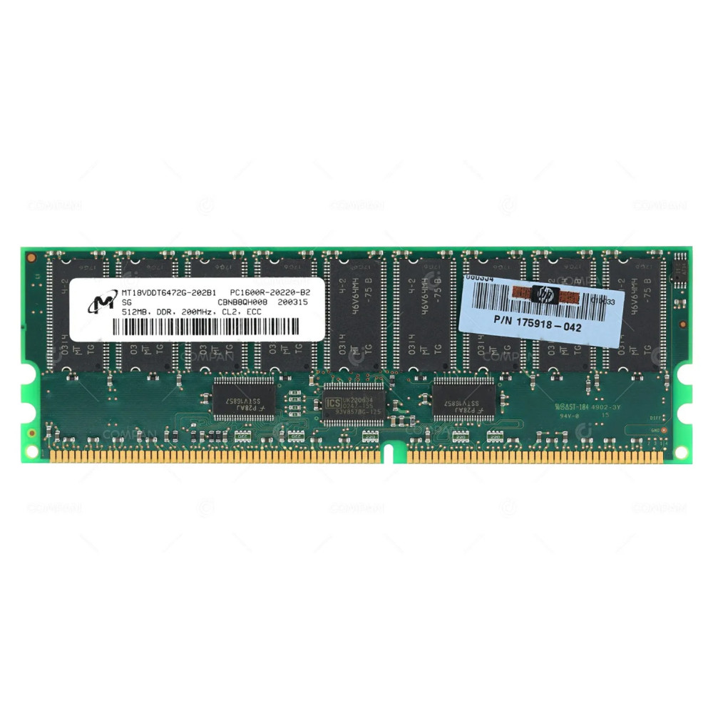 175918-042 HP MEMORY 512MB PC1600R DDR 200MHZ 184 PIN CL2 ECC RDIMM MT18VDDT6472G-202G1, MT18VDDT6472G-202B1