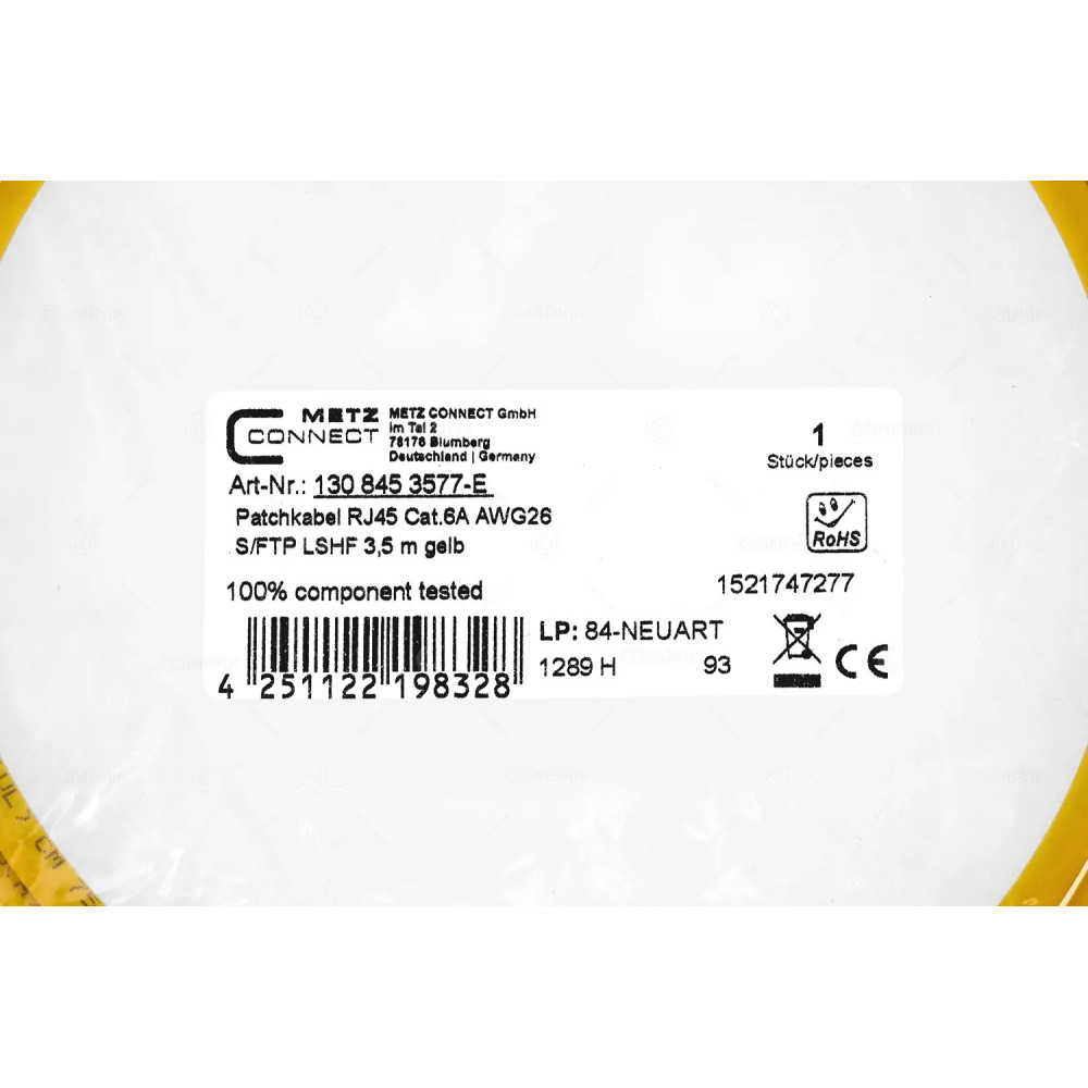 4251122198328  PATCH CORD RJ45 CAT.6A AWG26 3.5M YELLOW