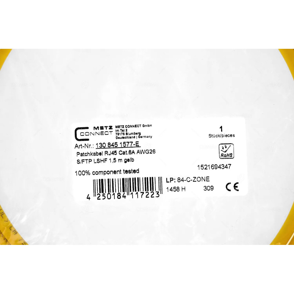 4250184117223  PATCH CORD RJ45 CAT.6A AWG26 1.5M YELLOW