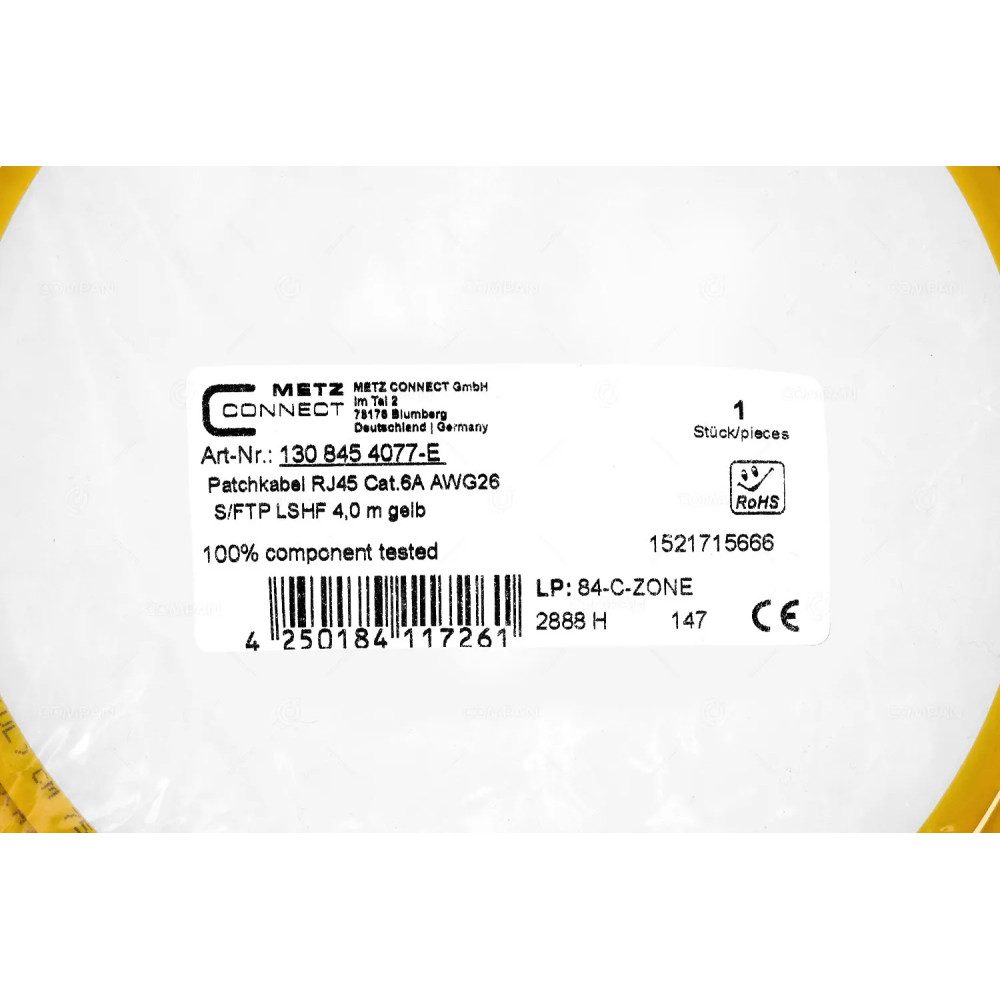 4250184117261 METZ CONNECT PATCHCORD RJ45 CAT.6A AWG26 4M YELLOW