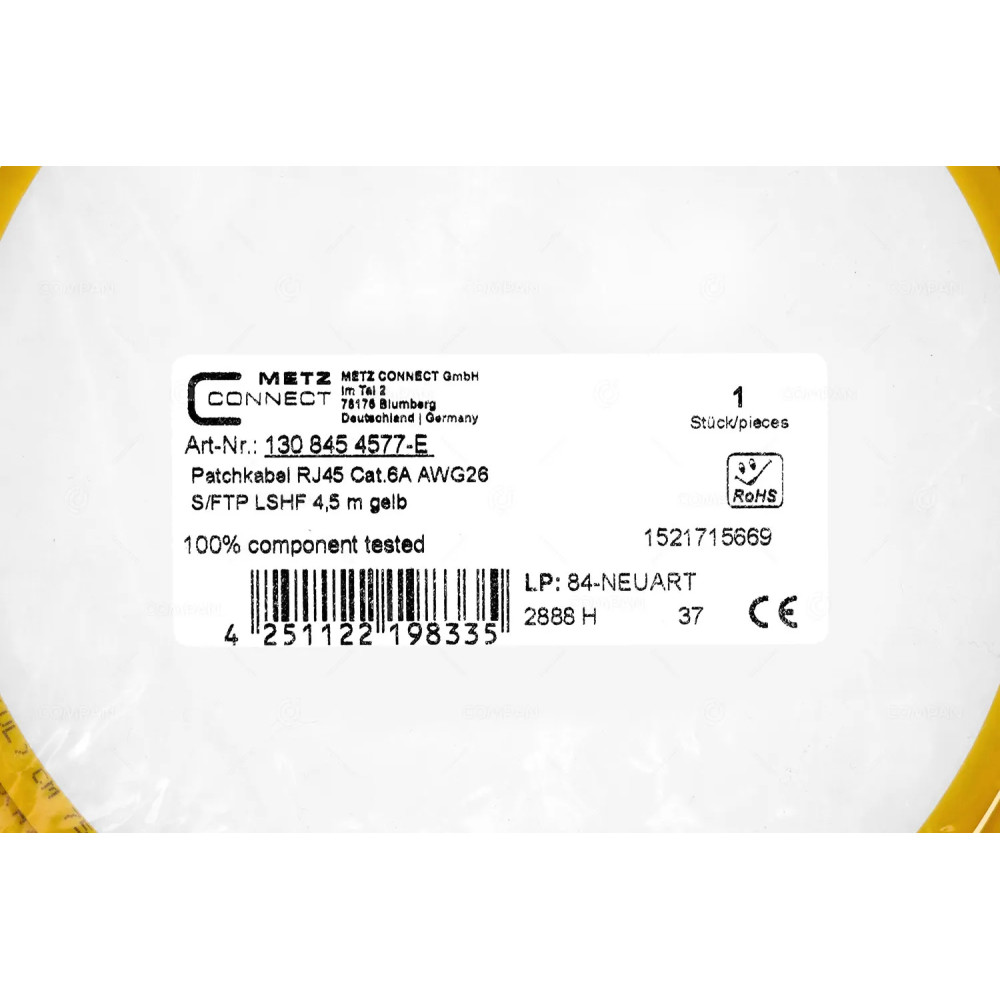 4251122198335  METZ CONNECT PATCHCORD RJ45 CAT.6A AWG26 4.5M YELLOW