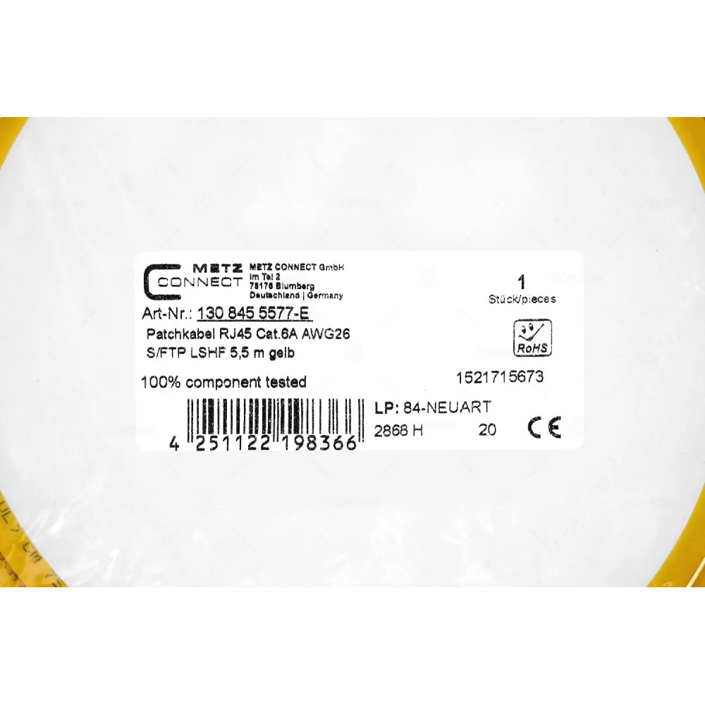 4251122198366  METZ CONNECT PATCHCORD RJ45 CAT.6A AWG26 5.5M YELLOW