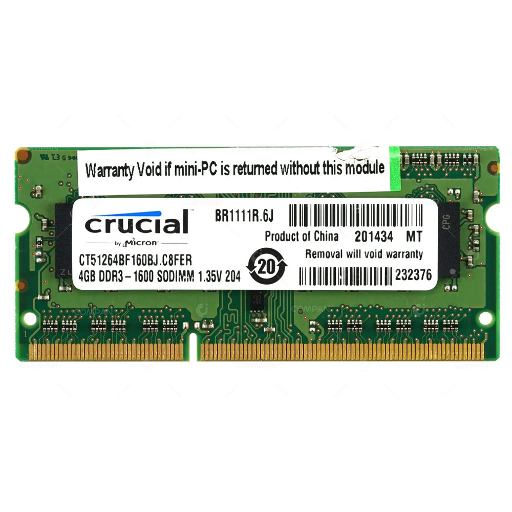 CT51264BF160BJ-C8FER CRUCIAL MEMORY 4GB DDR3 1600 MHZ SODIMM 1.35V 204 CT51264BF160BJ.C8FER, 232376