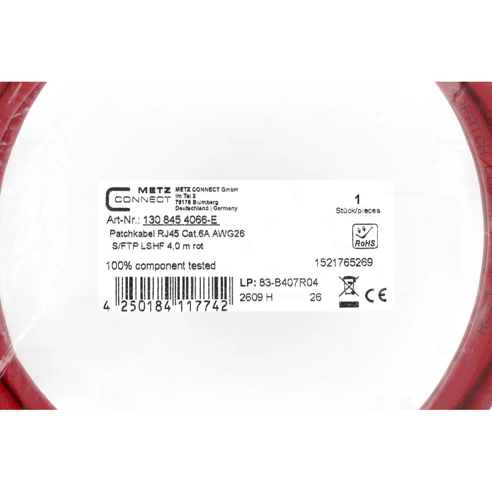 4250184117742  PATCH CORD RJ45 CAT.6A AWG26 4M RED