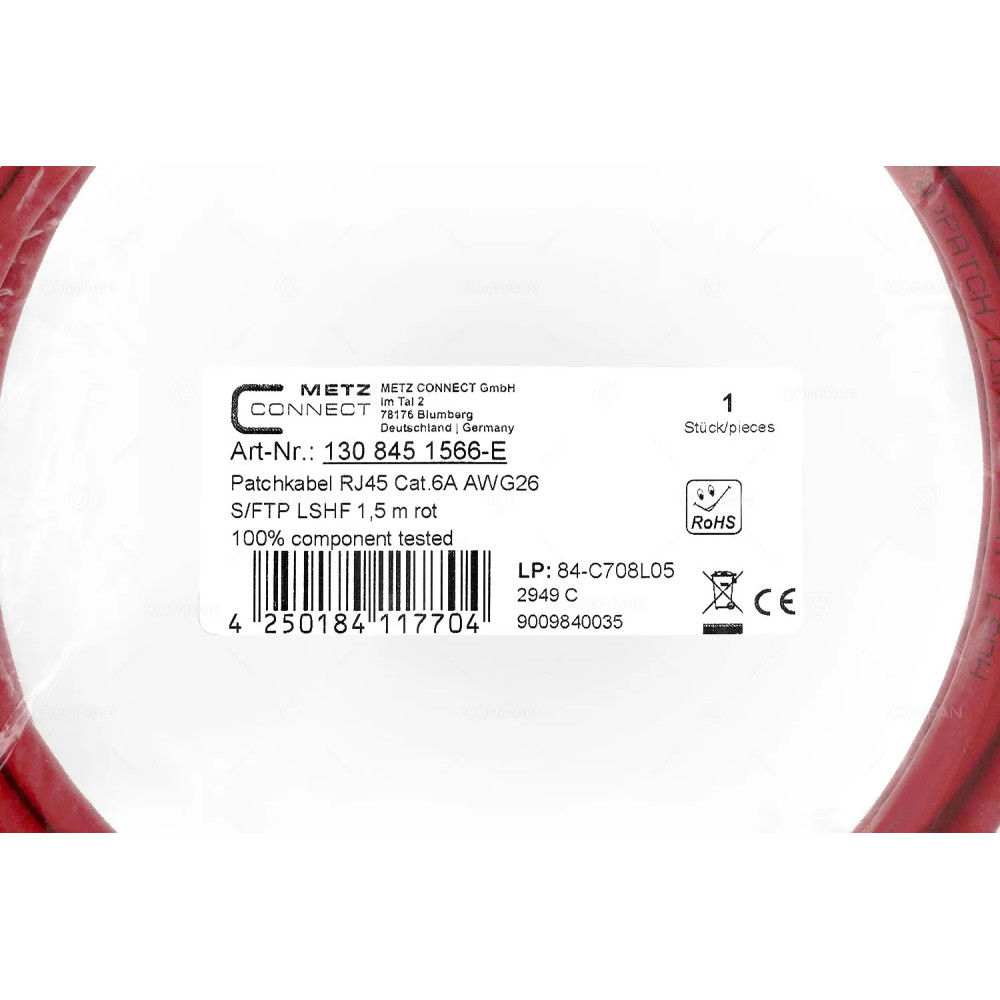 4250184117704  PATCH CORD RJ45 CAT.6A AWG26 1.5M RED