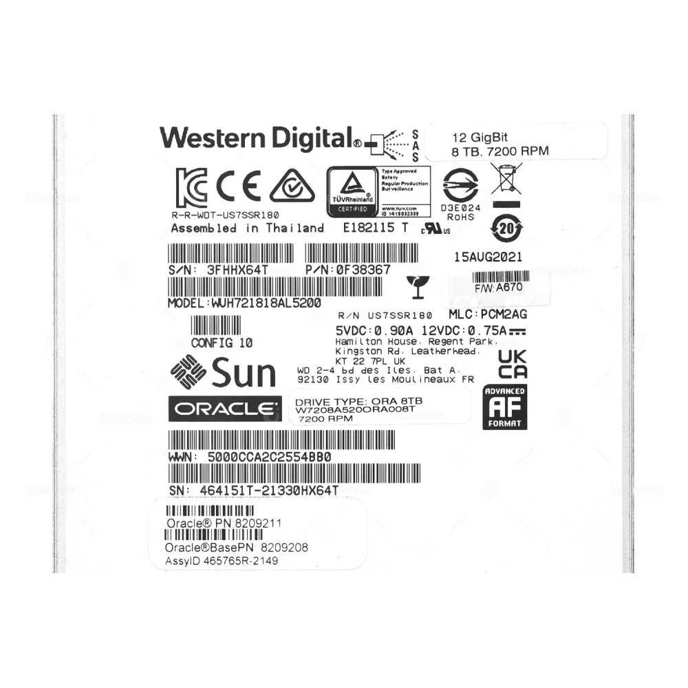 0F38367  WD 8TB 7.2K 12G SAS 3.5 LFF HARD DRIVE