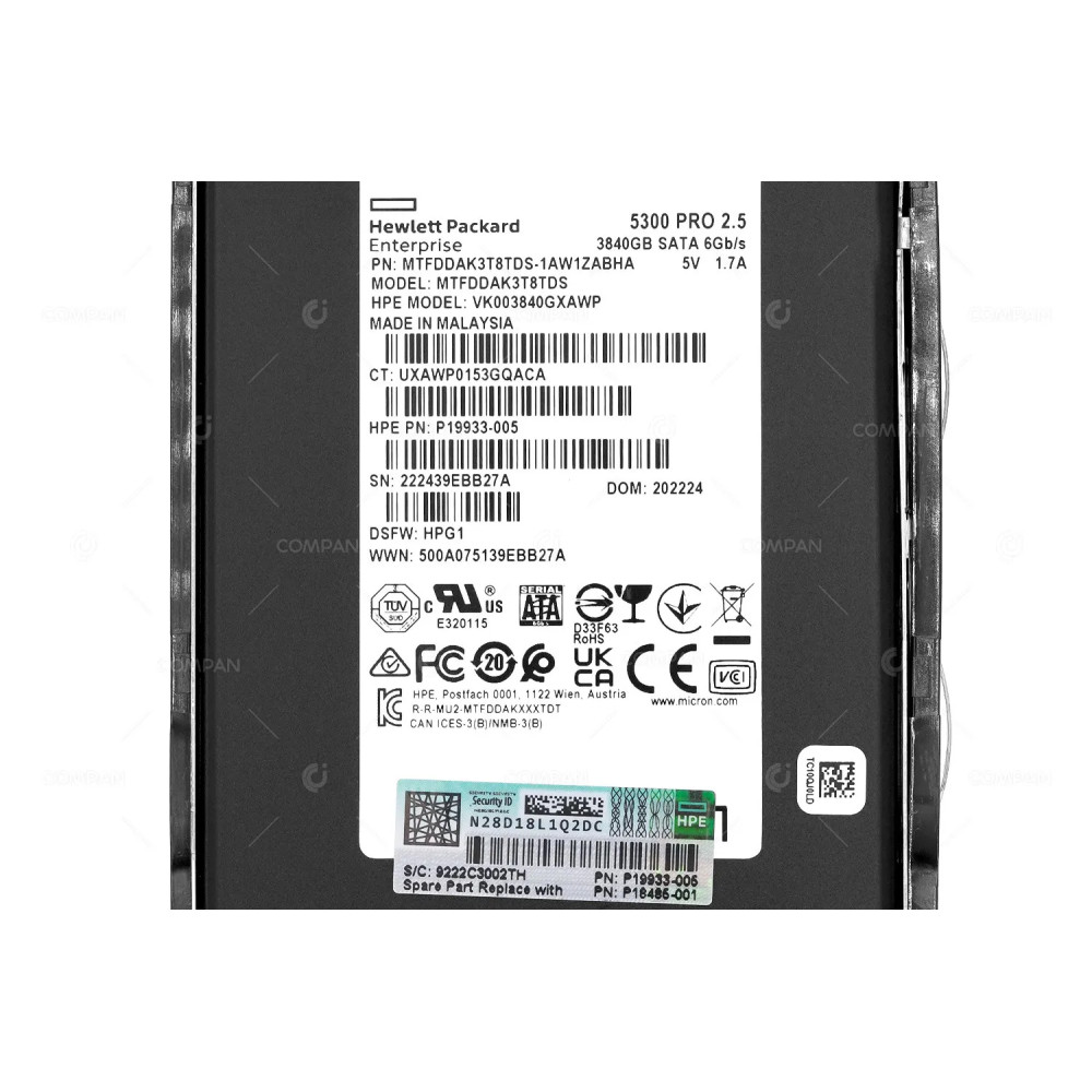 P18485-001  HP 3.84TB 6G RI 5300 PRO 2.5 SFF SATA DS SSD FOR G8 G9 G10