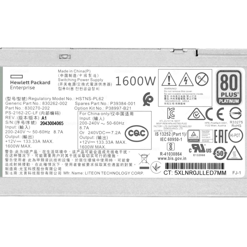 P39384-001 HP 1600W 94% POWER SUPPLY 80 PLUS PLATINUM FOR DL360 G10 DL380 G10