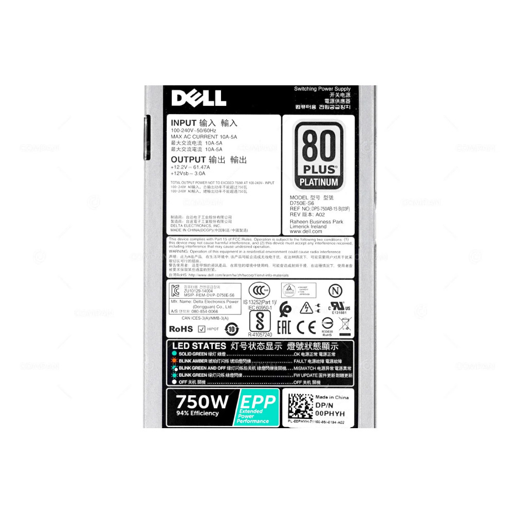 0PHYH  DELL 750W 80 PLUS PLATINUM POWER SUPPLY FOR DELL POWEREDGE R740 R740XD