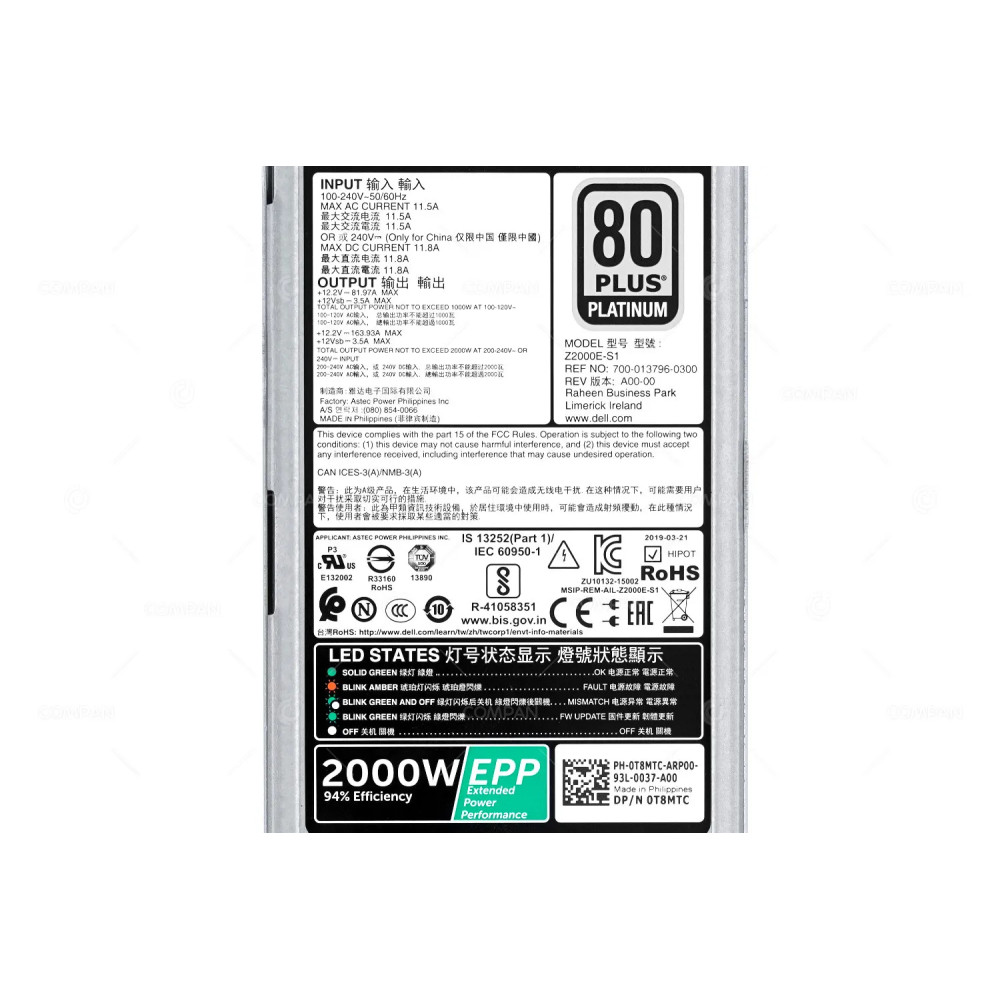 T8MTC  DELL 2000W 80 PLUS PLATINUM POWER SUPPLY FOR DELL POWEREDGE