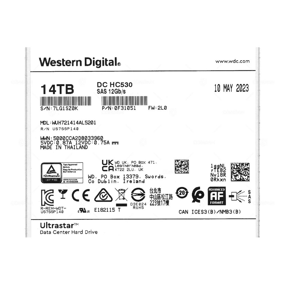 WUH721414AL5201  WD ULTRASTAR DC HC530 14TB 12G SAS 7.2K 512E 3.5 LFF 512MB CACHE HDD