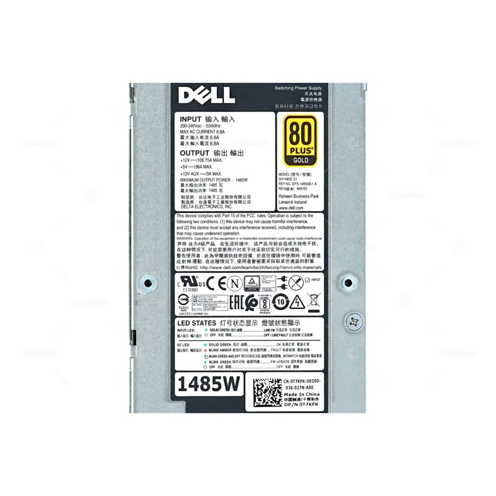T7KFK DELL 1485W 80 PLUS GOLD POWER SUPPLY FOR DELL SCV3000 SCV3020 SC5020