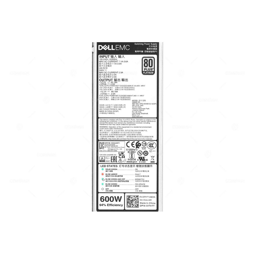 3THTT  DELL 600W 80 PLUS PLATINUM 100-240V SWITCHING POWER SUPPLY FOR POWEREDGE