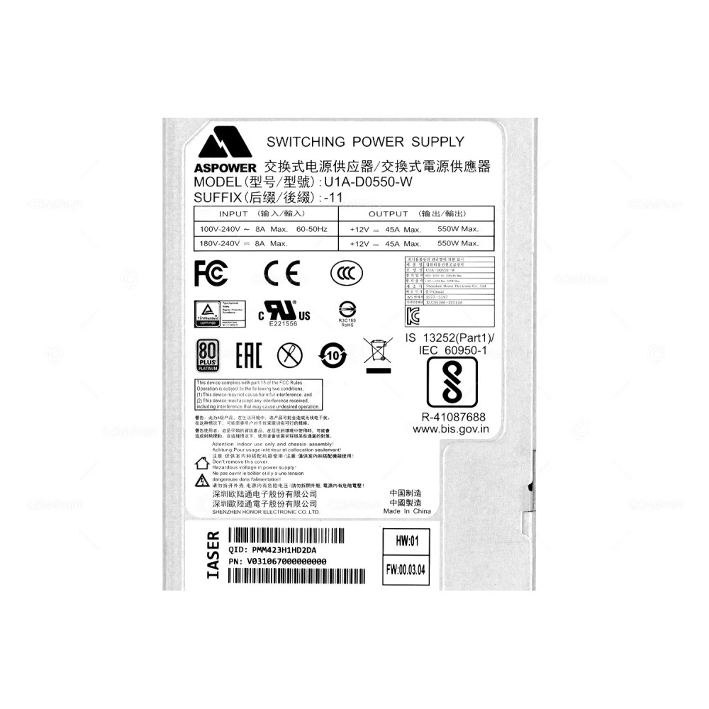 V031067000000000  INSPUR 550W POWER SUPPLY 80 PLUS PLATINUM FOR NF5180M6