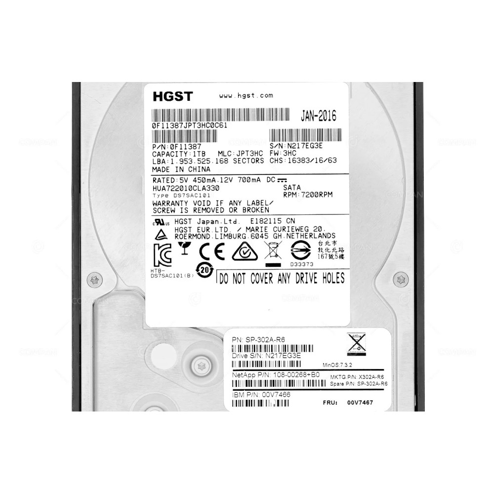 X302A-R6  NETAPP HARD DRIVE 1TB 7.2K 3G SATA 3.5 LFF HOT-SWAP FOR DS4243