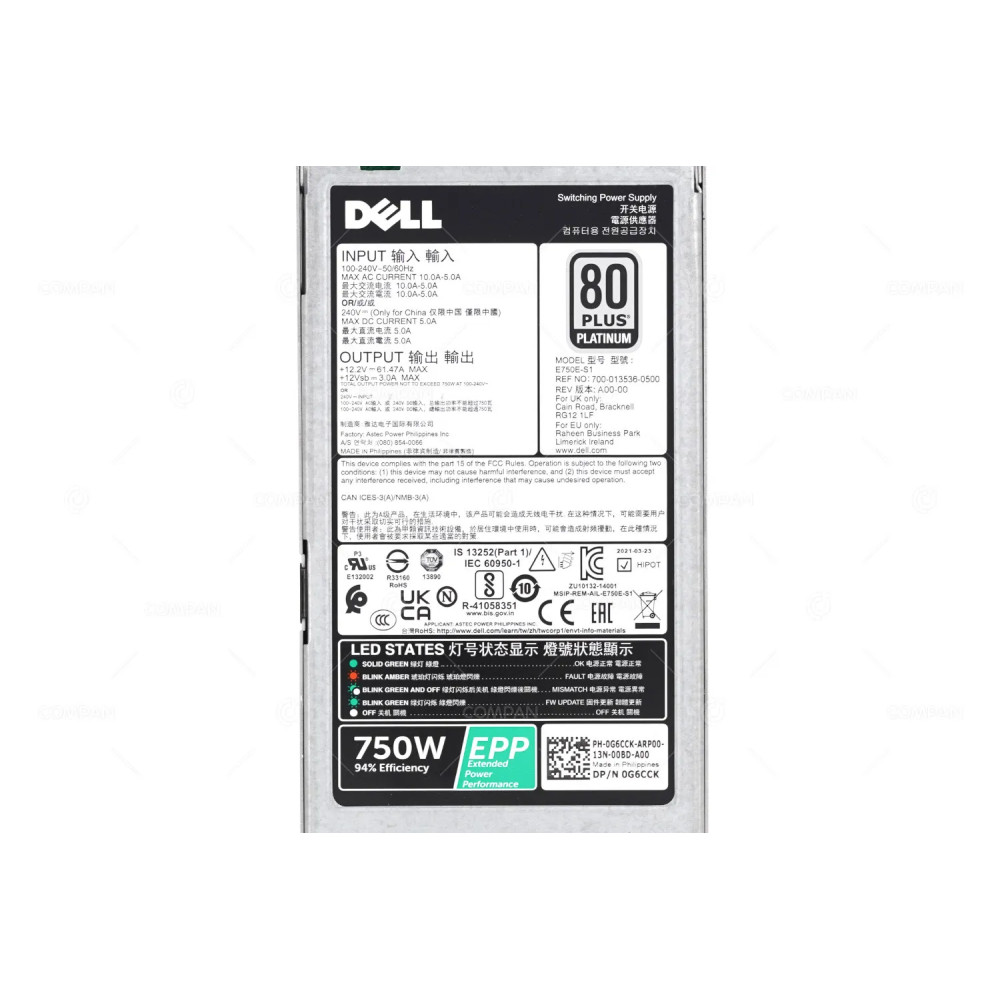 G6CCK  DELL 750W 80 PLUS PLATINUM POWER SUPPLY FOR R630 R640 R730 R740 T430 T440 T630  T640